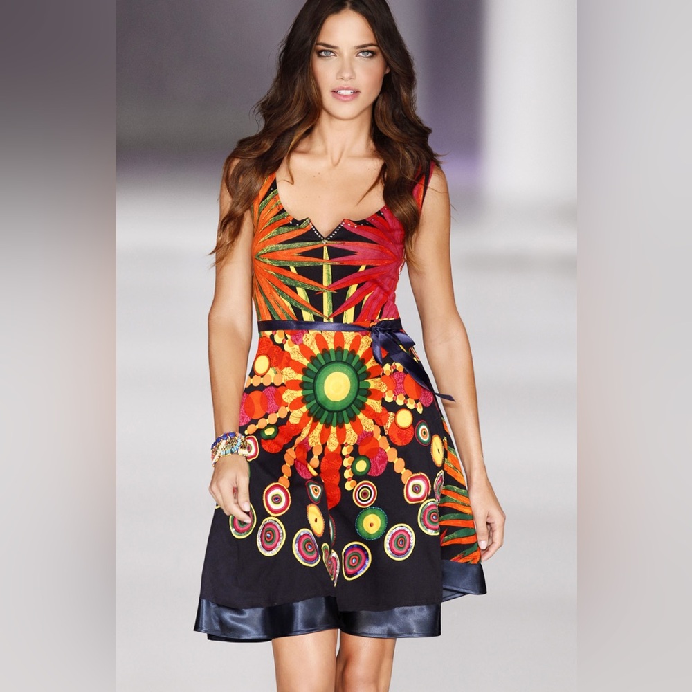 Desigual 100% Cotton Rainbow Multicolor Sequin Embroidered Tank Top Dress